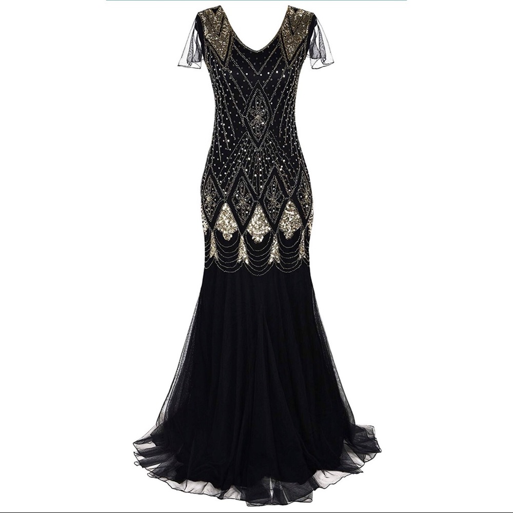Never worn! Gold beaded black gown